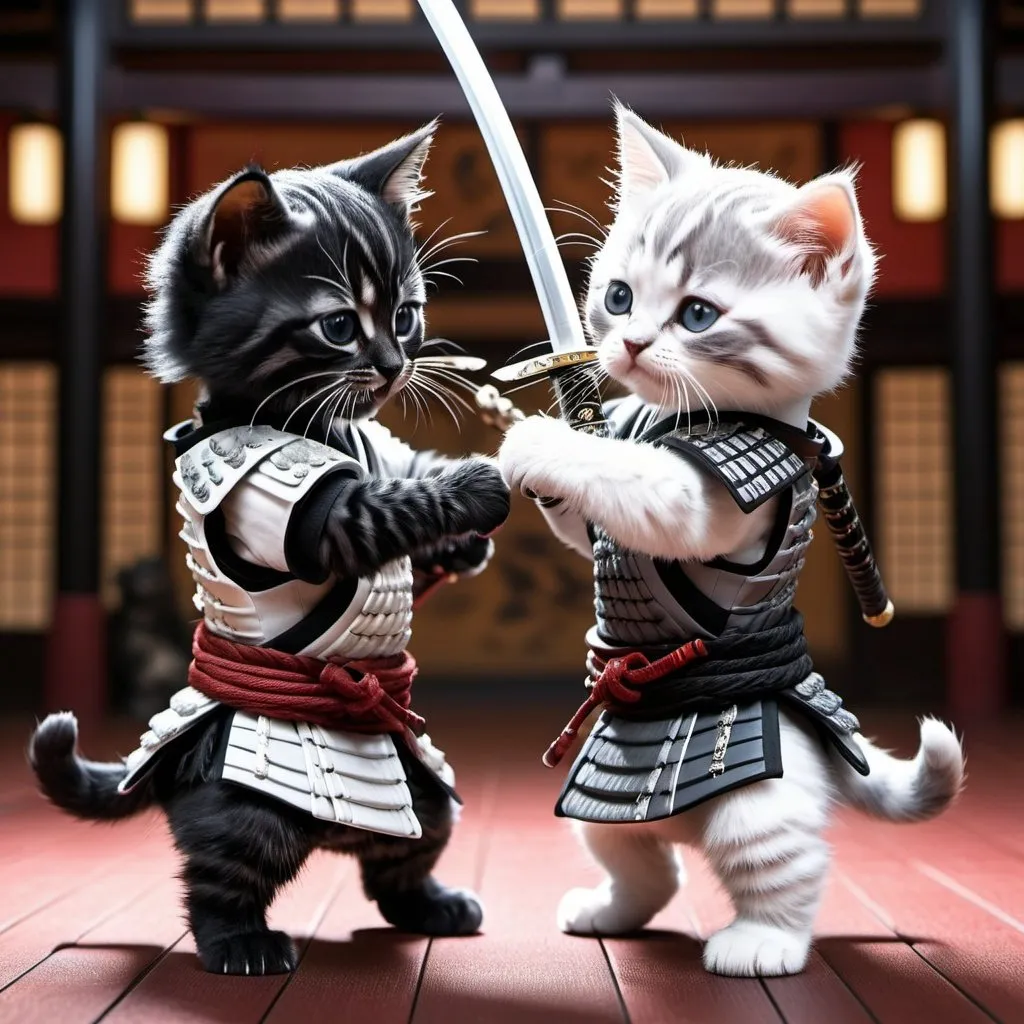 Prompt: one black, one white, and one grey samurai warrior kitten in sword battle with each other in a dojo detailed matte painting, deep color, fantastical, intricate detail, splash screen, complementary colors, fantasy concept art, 8k resolution trending on Artstation Unreal Engine 5 Epic cinematic brilliant stunning intricate meticulously detailed dramatic atmospheric maximalist digital matte painting