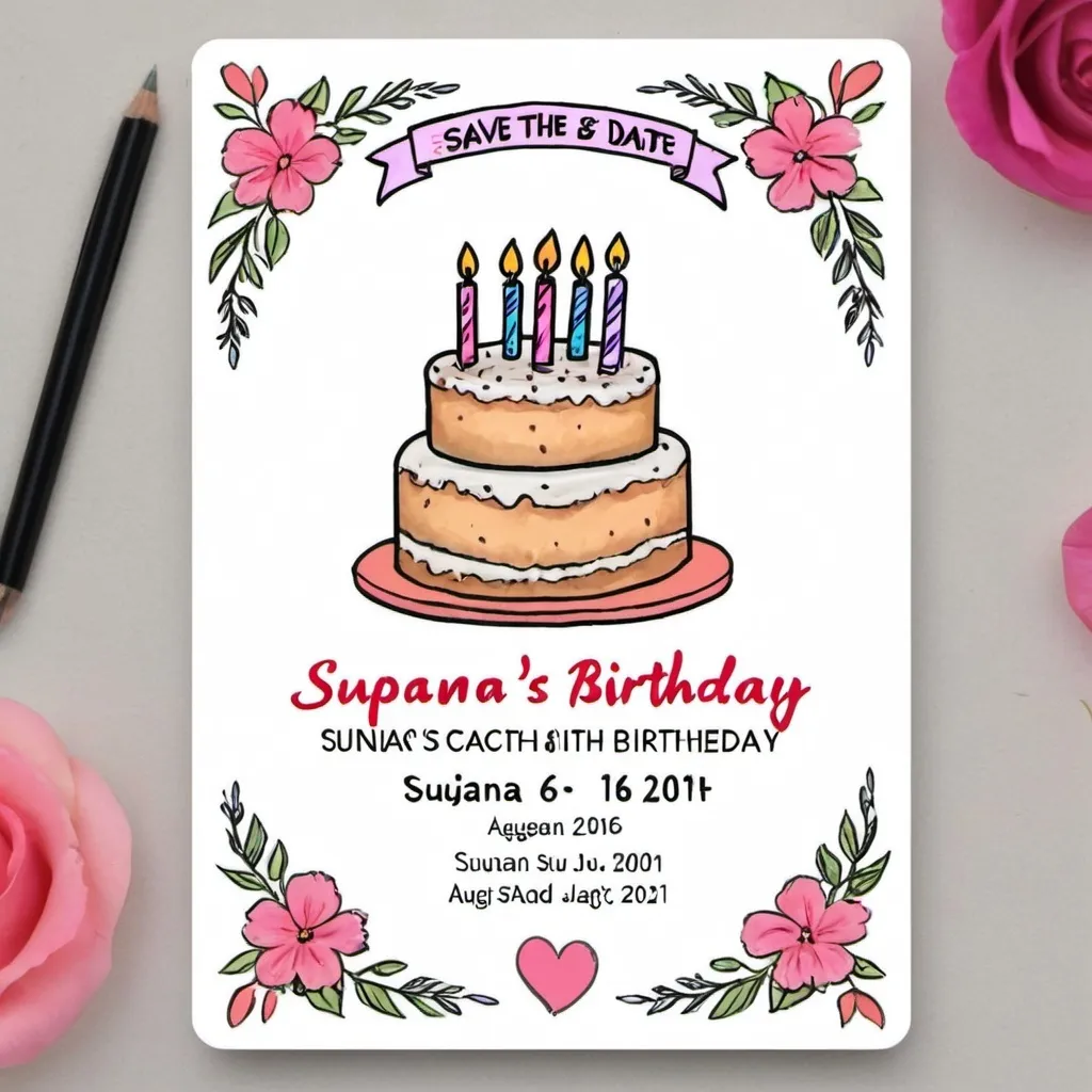 Prompt: A save the date card for Suhana’s 16th birthday on 4th august. the card should have a hand drawn birthday cake and candles on it