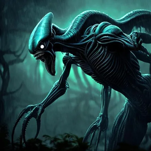 Prompt: scary xenomorph alien in a dark raining alien jungle