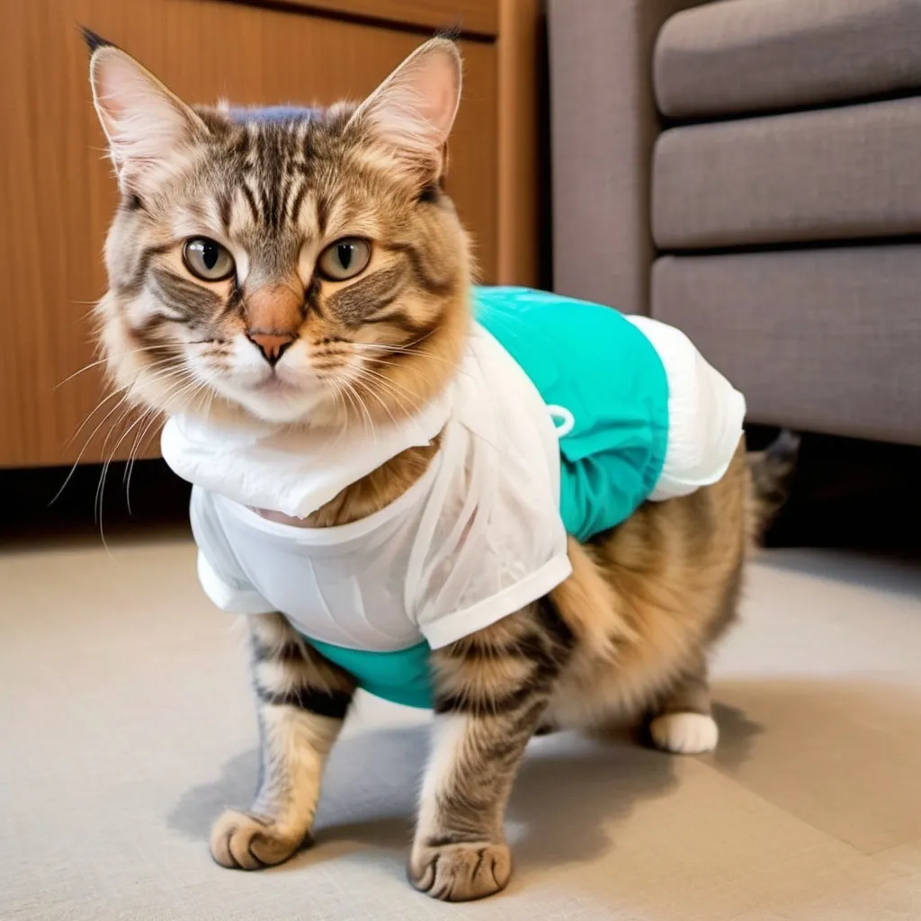 Prompt: cat wears diaper and leave his pregnant wife