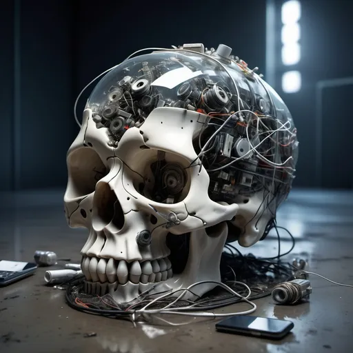 Prompt: A futuristic glass skull resting on the ground. The skull is made of high-tech parts and bound with lots of wires. The skull is made of see-through glass. The ground is dirty and covered in lots of debris as if a bomb has gone off. The rest of the room is full of tech trash and mechanical debris. High quality lighting. High resolution. Photo-realistic.