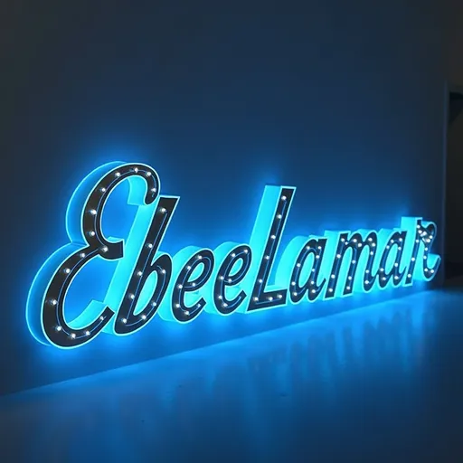 Prompt: The word "EbeeLamar" in led glow blue with platinum logo