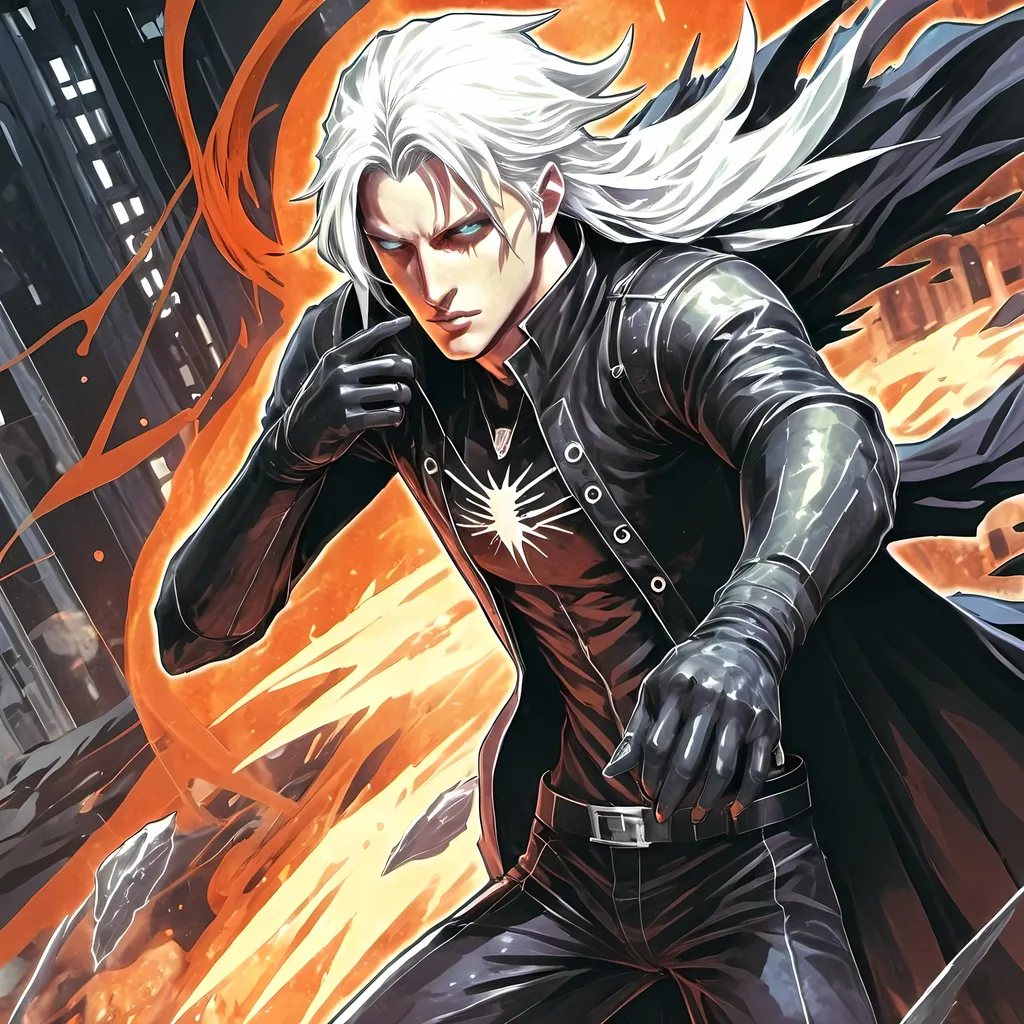 Prompt: Anime illustration of a white man in a black superhero suit and wear black coat, long flowing white hair, piercing blue eyes, sleek and futuristic design, high-tech material, intense and focused gaze, urban cityscape background, cool-toned lighting, best quality, highres, ultra-detailed, anime, superhero, futuristic, cool tones, detailed eyes, sleek design, professional, atmospheric lighting