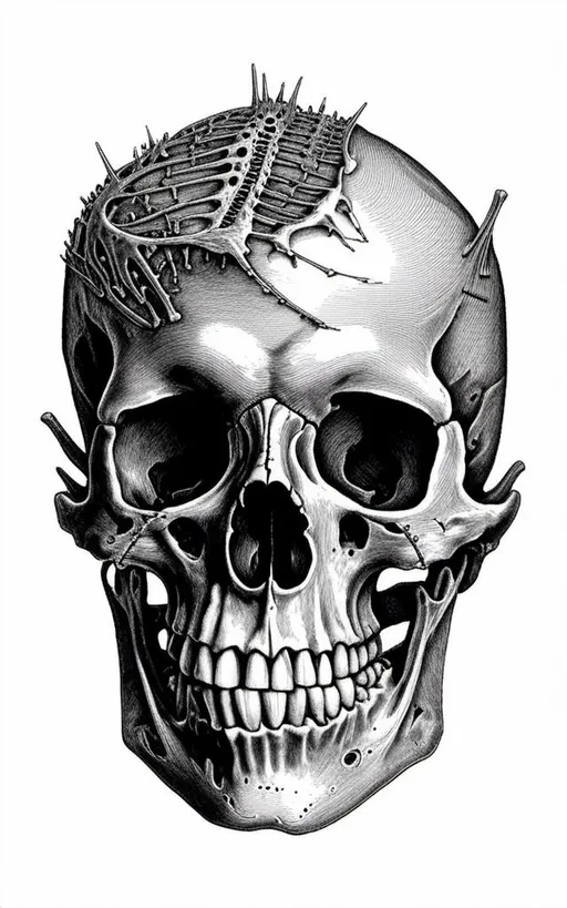 Prompt: <mymodel> a black and white photo of a human skull with a missing jaw and a missing jaw, vintage line drawing or engraving, Damien Hirst, vanitas, skull, an ambient occlusion render