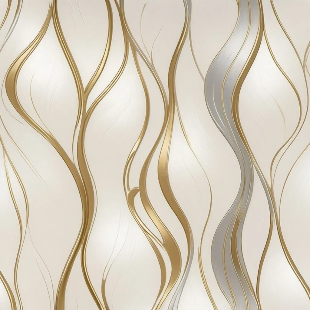 Prompt: A beautiful creamy pear white wall paper with  gold and silver abstract curved lines
 
