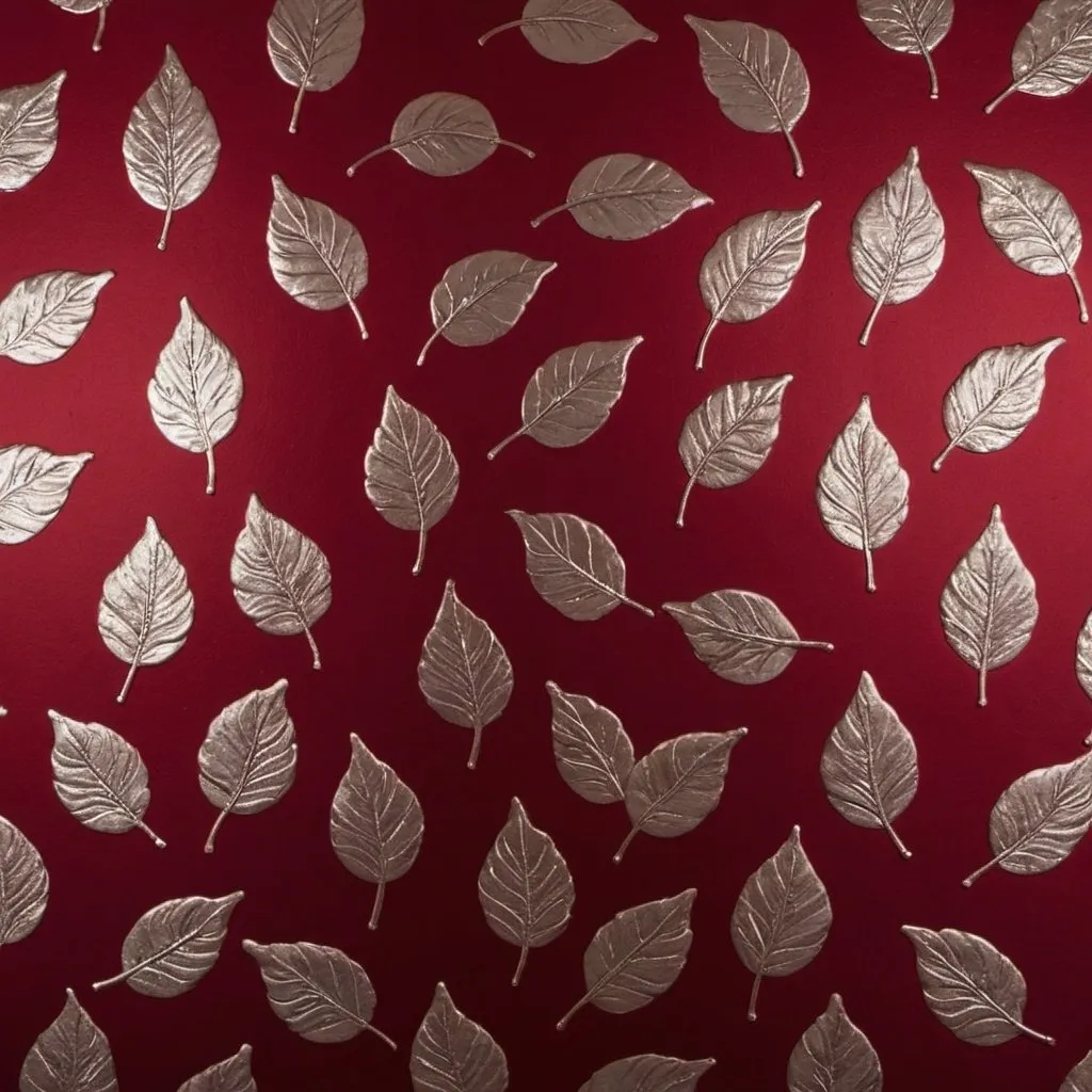 Prompt: Dark blood red wall paper with small silver leaves 
 
