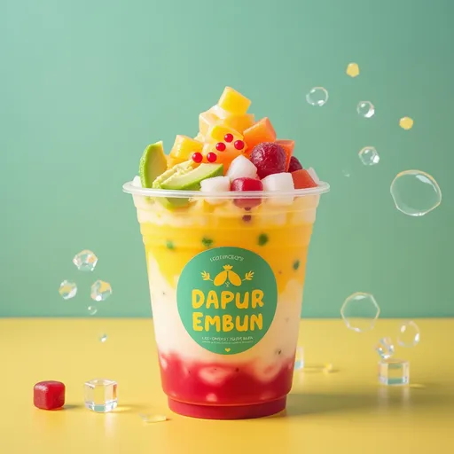 Prompt: A realistic and colorful photo of a cup of "Es Campur" (Indonesian iced dessert) in a clear 12 oz plastic cup, filled with vibrant tropical ingredients like avocado, jackfruit, coconut, grass jelly, red tapioca pearls, and colorful agar cubes, topped with shaved ice and creamy coconut milk. The cup has a cute round sticker label with the brand name "Dapur Embun" in a pastel green and yellow color palette. Add text overlay: "Segar Lumer Dimulut", "Nikmatnya Bikin Nagih", and price "Rp. 12.000". Bright, fresh, and Instagram-friendly aesthetic.
