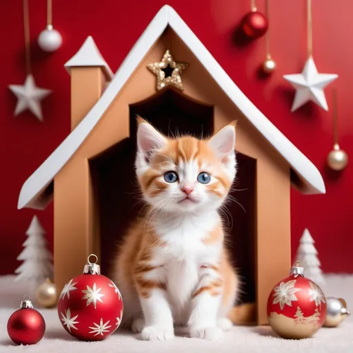 Prompt: Make me a photo with a baby house (caramel colored) and a kitten (white color). The house and the kitten are happy, the eyes are cheerful, the house stands wagging its tail. Maca is waiting for the game. The background is red, decorated with New Year's and Christmas decorations.