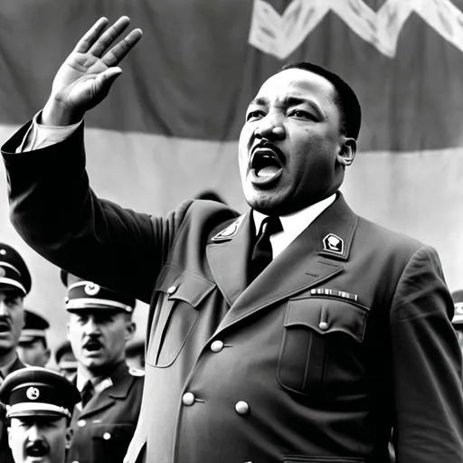 Prompt: Evil MLK as Adolf Hitler dictator charisma on stage yelling at soldiers sieg heil