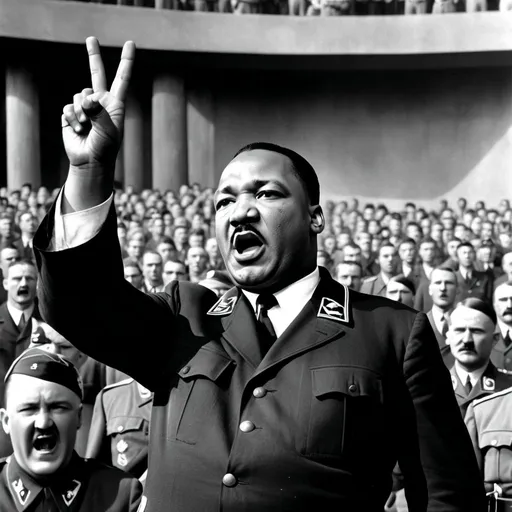Prompt: Evil MLK as Adolf Hitler dictator charisma on stage yelling at soldiers Nazi swastika in background 