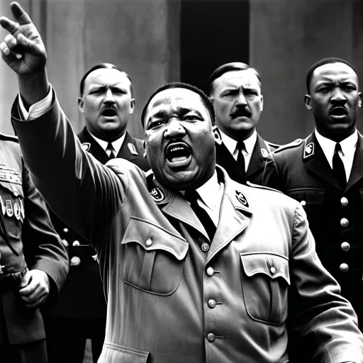 Prompt: Evil MLK as Adolf Hitler dictator charisma on stage yelling at soldiers