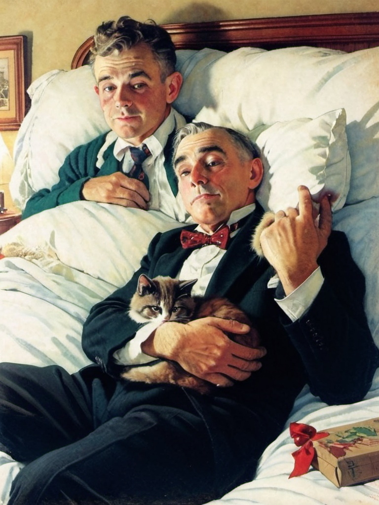 Prompt: A glamour, vintage scene of a man with his cat in bed on Christmas eve in Norman Rockwell style 