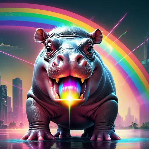 Prompt: A baby hippopotamus shooting lasers from it's eyes and a rainbow out of its mouth. Cyberpunk art. 80's video game cover