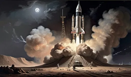 Prompt: A dramatic oil painting of a rocketship landing at a lunar base in the style of the famous painter Louis Philippe Crepin. There are plumes of smoke sweeping across the barren lunar vista.