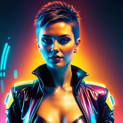 Prompt: a close up of a woman wearing futuristic leather jacket slightly unzipped, shiny cyberpunk colors, retrofuturism, 1980s sci-fi, game cover art, character, 4k, keep skin color natural 