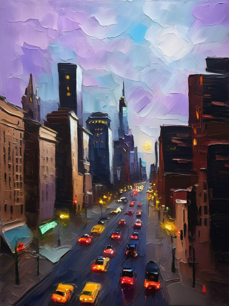 Prompt: Stylized rough 5th avenue by night impressionistic painting with large palette-knife