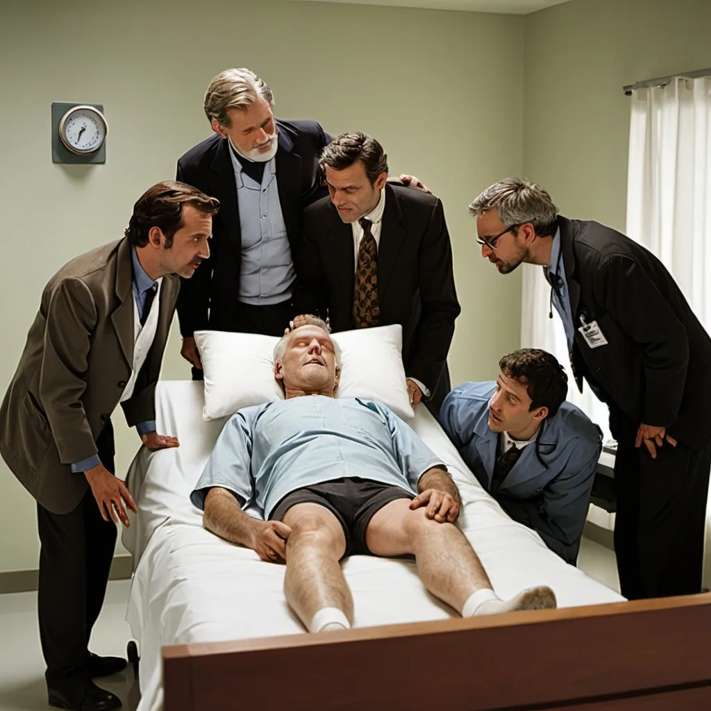 Prompt: A man lying on his deathbed with a soccer player, a doctor, an architect, and a teacher surrounding him