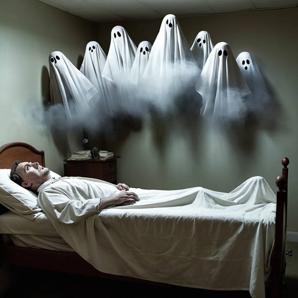 Prompt: A man lying on his deathbed with ghosts coming out of his head