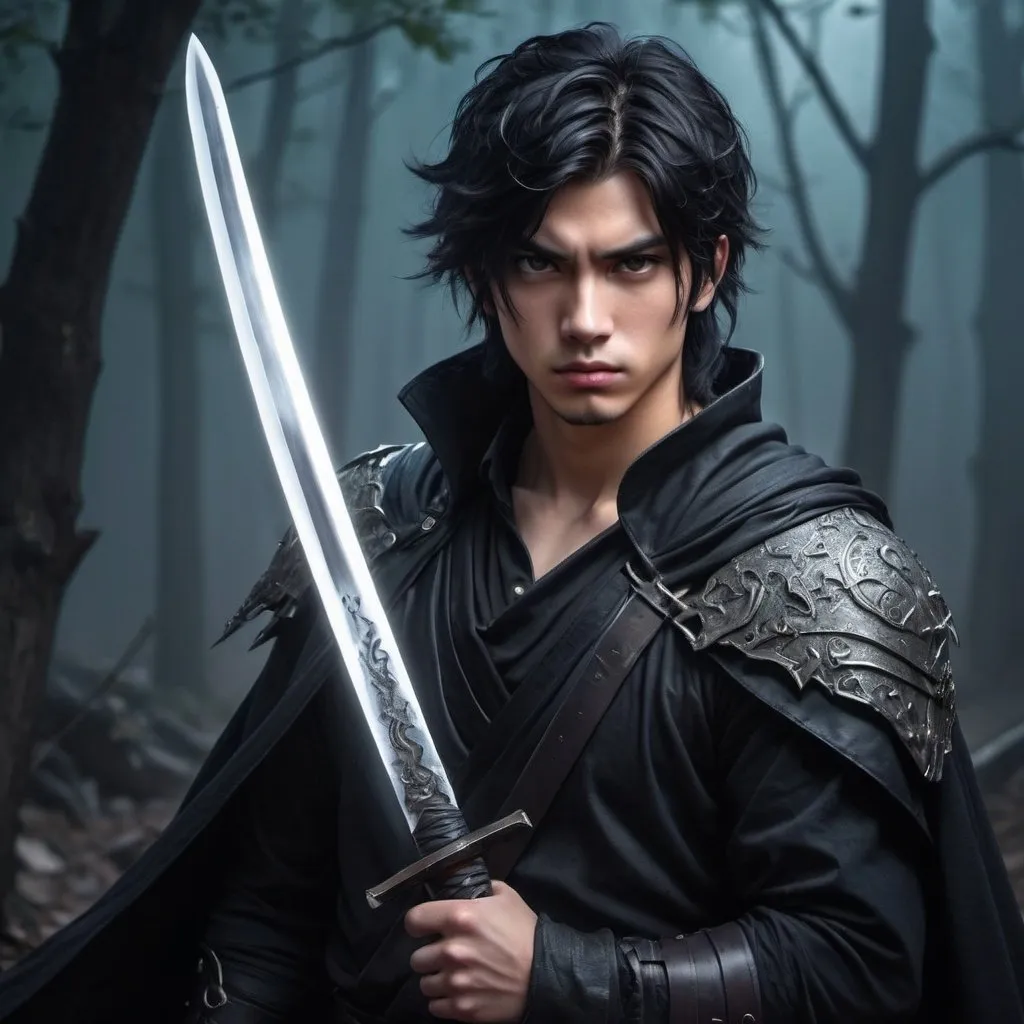 Prompt: A young man in his early 20s，Anime style，Fantasy warrior with medium-length, tousled black hair, and intense, determined eyes. Wearing a rugged, dark-colored outfit combining leather and metal armor, a shadowy cloak. Wielding a mystical katana called the 'Nightshadow Blade' with an ornate, ancient hilt and a dark, ethereal glowing blade. Mix of resolve and sadness in his expression. Background of a misty, moonlit forest at the edge of a ruined village, shadows flickering among trees, evoking danger and mystery