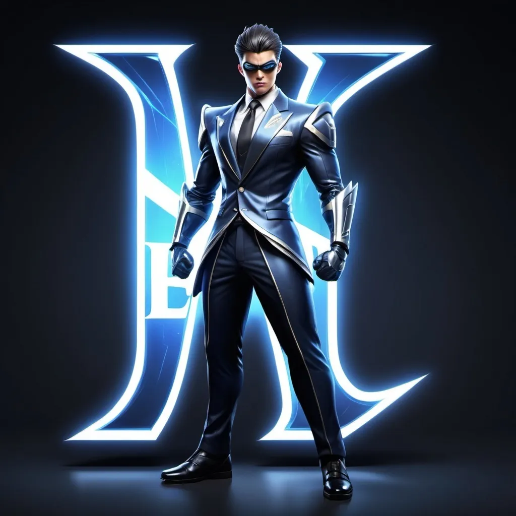 Prompt: Create a picture hyperrealistic of a stylish character standing, shiny 4D text "Ebit". His character hero is a onimaru (saber) from Mobile Legend Bang Bang, with his hyperrealistic suit, performing a powerful superhero pose. emitting light and shadows around it. Both the characters and the text letters of "Ebit" should be set with a simple and unobtrusive background.