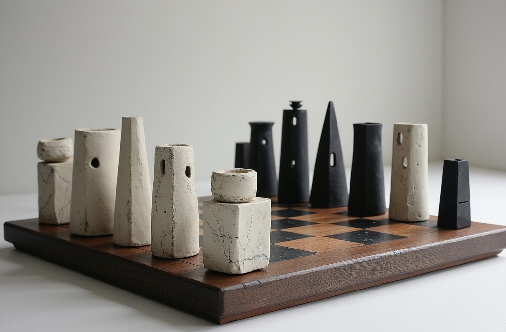 Prompt: "A handcrafted ceramic chess set designed in the style of renowned Japanese architect Tadao Ando. Inspired by his minimalist architectural language, each piece is sculpted with pure geometric forms and clean lines. Created using traditional Japanese Raku firing techniques, the surfaces feature natural crackles, smoky textures, and matte glazes in neutral tones—white, charcoal, and soft black. The imperfections and firing marks reflect wabi-sabi aesthetics. The chessboard is crafted from dark-stained wood with hand-engraved grid lines, emphasizing simplicity and calm presence. Displayed with soft ambient lighting in a minimalist studio setting."