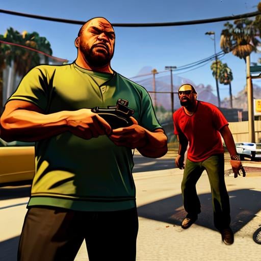 Prompt: GTA v, Franklin and Chop, eye catching 