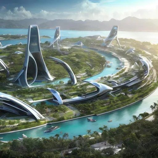 Prompt: Futuristic city concept in Haiti, 2 billion cost, high-tech architecture, sustainable design, tropical landscaping, panoramic views, advanced infrastructure, highres, ultra-detailed, sci-fi, futuristic, tropical, sustainable, advanced architecture, cityscape, panoramic, professional, atmospheric lighting