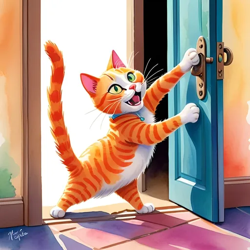 Prompt: Matisse style, Vibrant and colorful watercolor illustration of a cat stretching out from the ground trying to open a door from the lever handle, fun and whimsical, dynamic poses, playful characters, bright and cheerful, vibrant colors, adorable, whimsical, dynamic poses, playful,  professional, highres