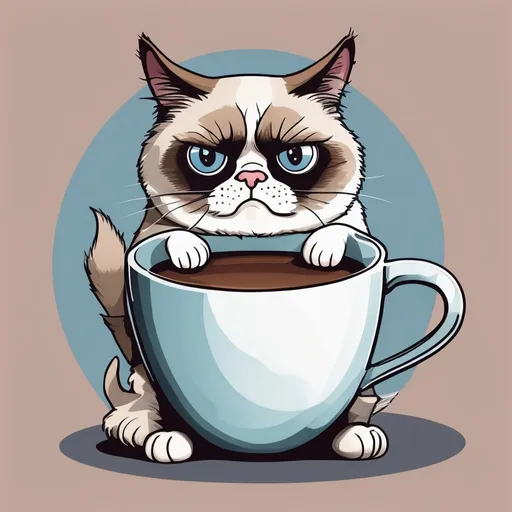 Prompt: Funny & Cartoonish: Humorous illustrations and playful graphics,  cute grumpy cat holding a coffee mug 