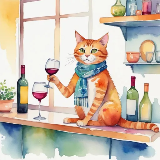 Prompt: Modern Minimalism Cat: boho style, Vibrant and colorful watercolor illustration of a cat enjoying a glass of wine while sitting at a kitchen countertop bar in the house, fun and whimsical, dynamic poses, playful characters, bright and cheerful, vibrant colors, adorable, whimsical, dynamic poses, playful,  professional, highres