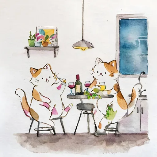 Prompt: Vibrant and colorful watercolor illustration of a two cats relaxing and drinking a glass of wine while sitting at the kitchen island having a chat, fun and whimsical, dynamic poses, playful characters, bright and cheerful, vibrant colors, adorable, whimsical, dynamic poses, playful,  professional, highres