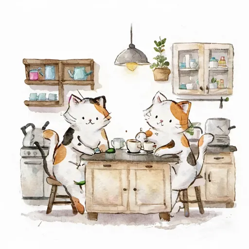 Prompt: Vibrant and colorful watercolor illustration of a two cats relaxing and drinking a coffee while sitting at the kitchen island having a chat, fun and whimsical, dynamic poses, playful characters, bright and cheerful, vibrant colors, adorable, whimsical, dynamic poses, playful,  professional, highres