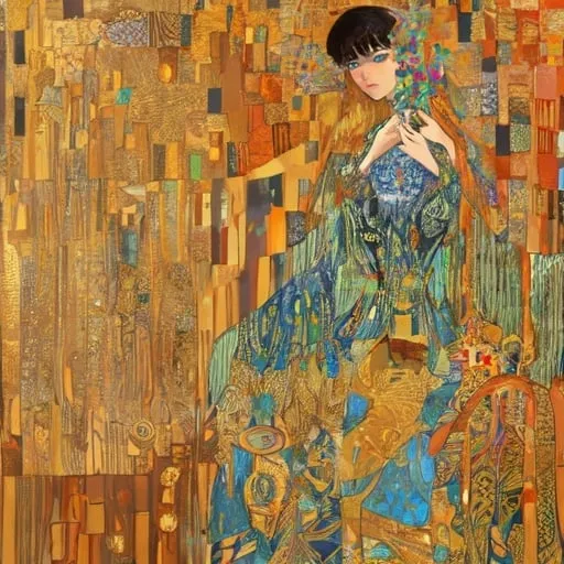 Prompt: Vibrant Gustav Klimt-inspired artwork, intricate decorative patterns, rich and vibrant colors, symbolic exploration of love and sensuality, rejection of conventional art movements, bohemian ethos, high quality, decorative art style, rich and vibrant colors, detailed patterns, symbolic themes, rejection of conventions, bohemian, intricate designs, professional, vibrant lighting