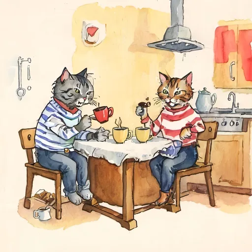 Prompt: Vibrant and colorful watercolor illustration of two cute cats relaxing and drinking a coffee while sitting at the kitchen island having a chat, fun and whimsical, dynamic poses, playful characters, bright and cheerful, vibrant colors, adorable, whimsical, dynamic poses, playful,  professional, highres