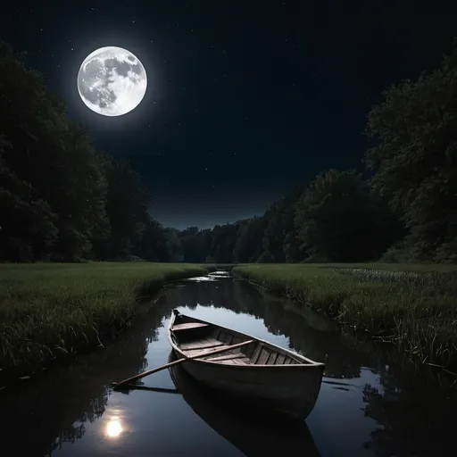 Prompt: rowboat floating down a stream with a dark night sky and full moon

