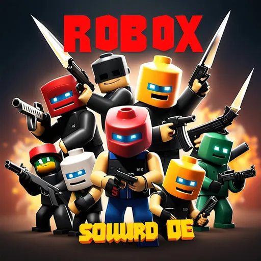 Prompt: make an icon for a game with lots of roblox characters fighting with sowrds and guns and make the text at the top say fight or die
