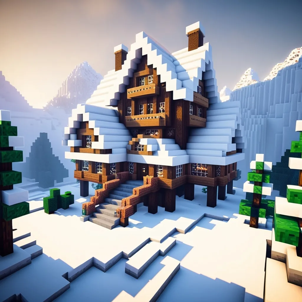 Prompt: Cozy giant Minecraft house. Landscape snow biome 