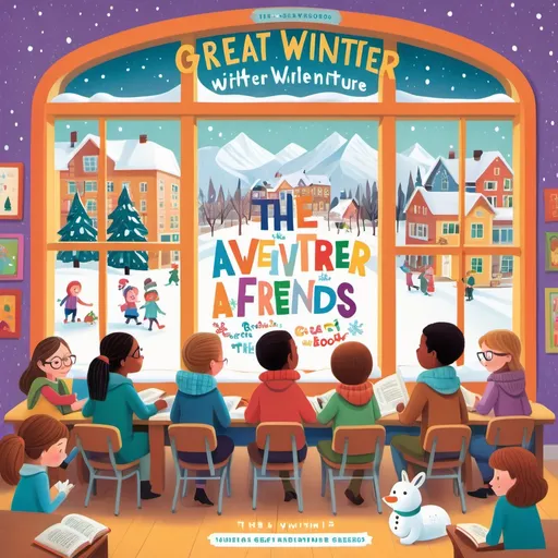 Prompt: "A cozy classroom with large windows showing a snowy winter scene outside. Inside, children are gathered around a teacher reading a book. The title 'The Great Winter Adventure with Friends' is written in playful, colorful letters. The style is whimsical and colorful."
