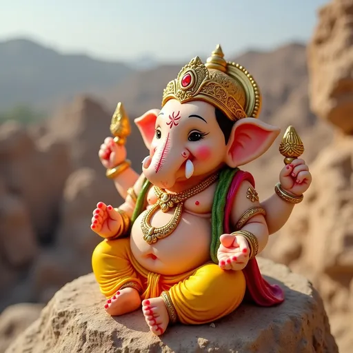 Prompt: Cute little ganpati bappa sitting on Musharraf and eating modak by enjoying site seeing 
