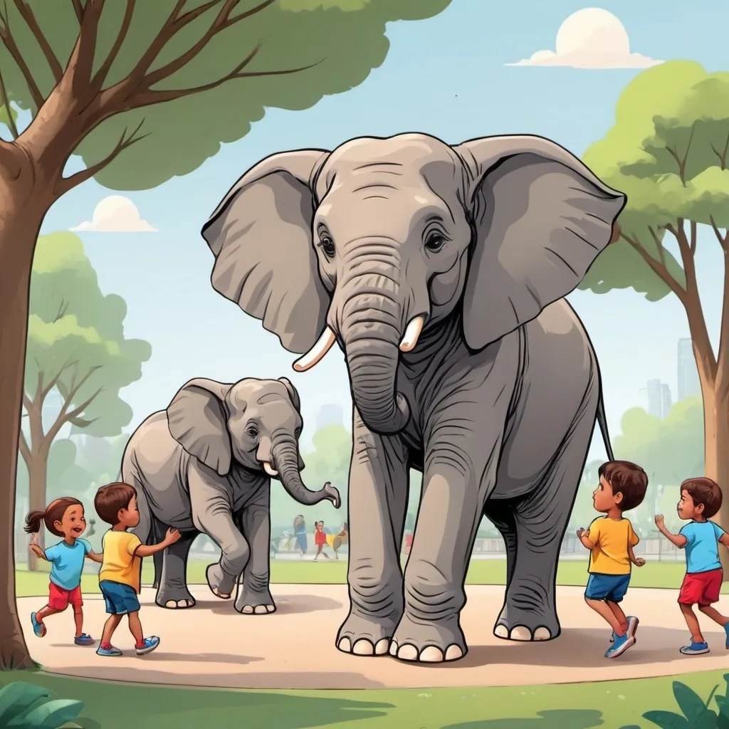 Prompt: Generate a cartoon image of elephant and kids playing in park 