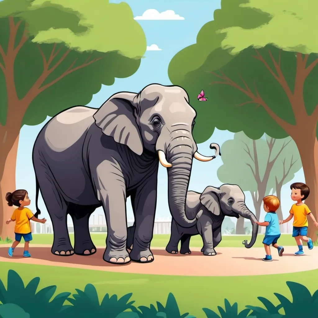 Prompt: Generate a cartoon image of elephant and kids playing in park 