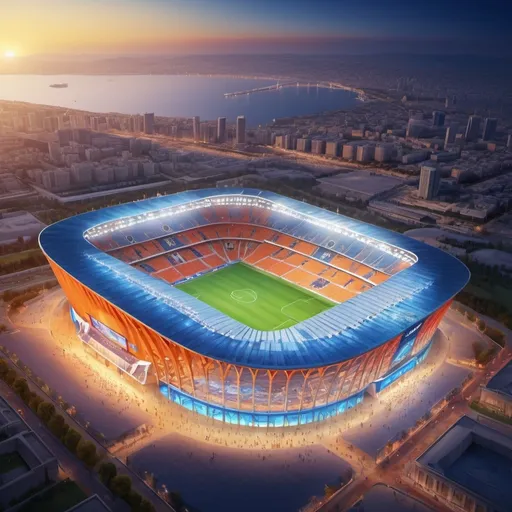 Prompt: (realistic depiction of Baku City stadium), warm color scheme, (vibrant sunset lighting), capturing the grandeur and architectural details, filled with enthusiastic fans, expansive surrounding landscape, vivid sky transitioning from orange to deep blue, (highly detailed and immersive), showcasing the stadium's capacities and facilities, serene ambiance, evoking excitement and energy.Color blue white