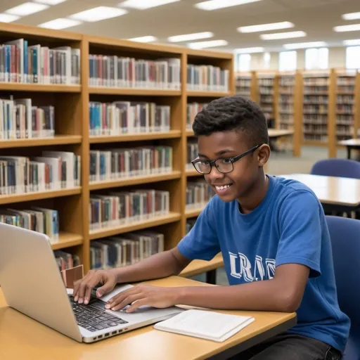 Prompt: Create a picture of a student using a laptop computer to study in a library: "This picture shows how IT helps students learn and access information."