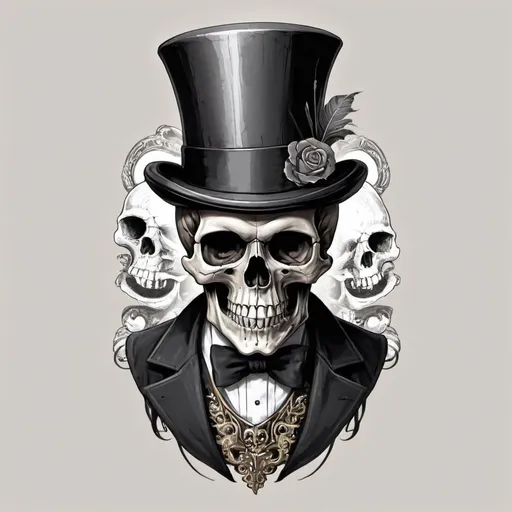 Prompt: skull in top hat, old english, musician
