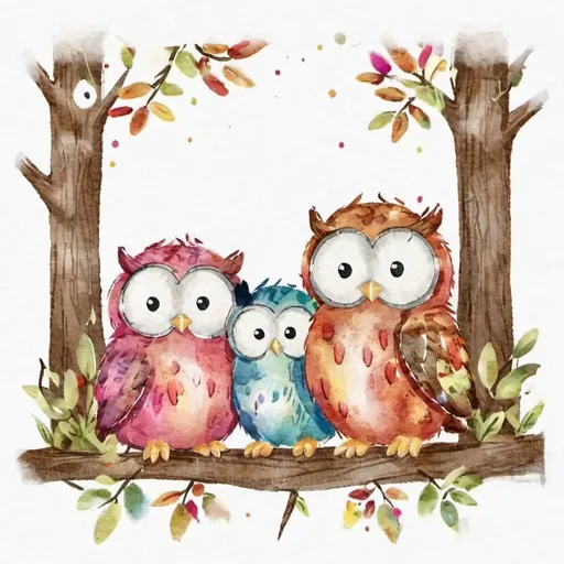 Prompt: adorable owls, vibrant and colorful feathers, playful and expressive facial features, whimsical woodland setting, lush and vibrant vegetation, high quality, vibrant colors, cute, cartoon style, playful, whimsical, vibrant lighting