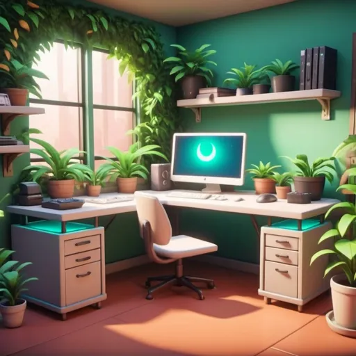 Prompt: a study with a desk, plants, unreal engine, game assets