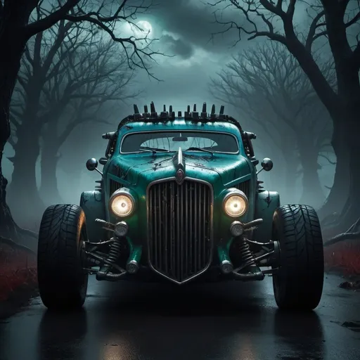 Prompt: A high-resolution, eerie scene of a Frankenstein-inspired monster car, with intricate metal textures and bolts and stitches. The car is a dark green and electric blue, with a gothic and sinister design. It stands ominously in a stormy weather, surrounded by intense shadows and a macabre atmosphere. The monster car seems to be alive, with a menacing expression and glowing red eyes. The background reveals a dark, foggy landscape with twisted trees, adding to the overall horror and intensity of the scene.

