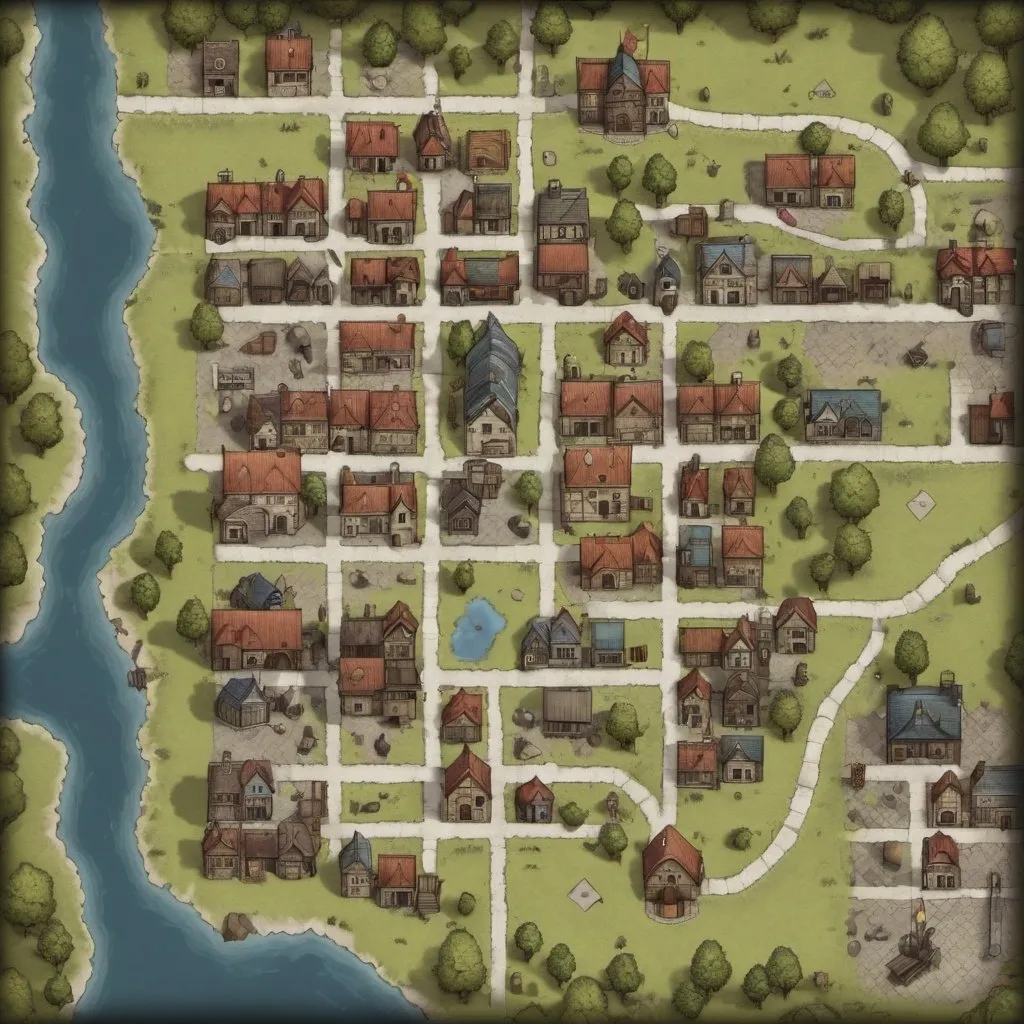 Prompt: A top-down map of a town, 2d dnd battlemap, highly details, 8k