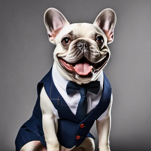 Prompt: <mymodel>French Bulldog smiling wearing a professional suit