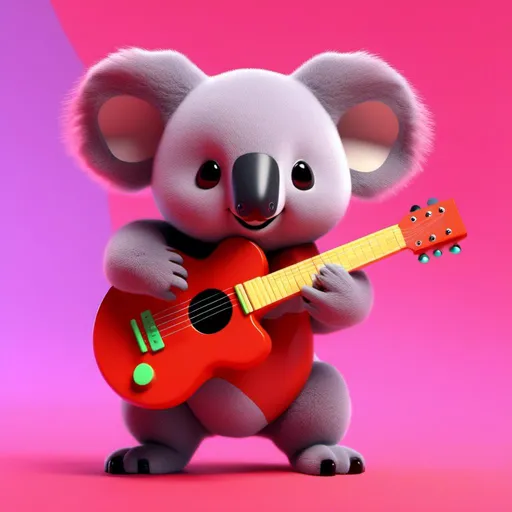 Prompt: <mymodel> a 3d render of kawaii koala with a guitar on a red background